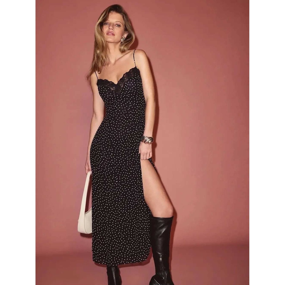 Reformation Lucine Women's Size 4 Black Dot Lace Midi Slip Dress Y2K Chic Party